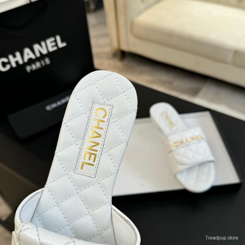 2025 Women Chanel White Leather Slippers