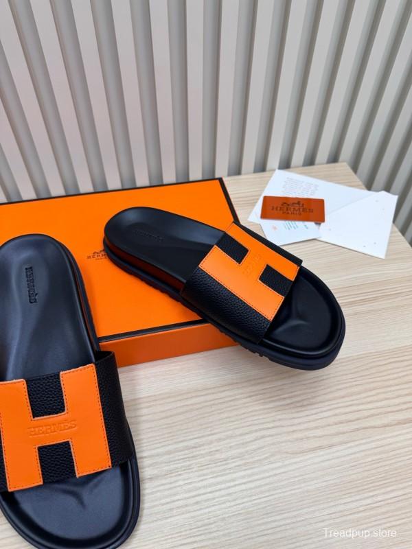 2025 Women Hermès Black Orange Leather Slippers