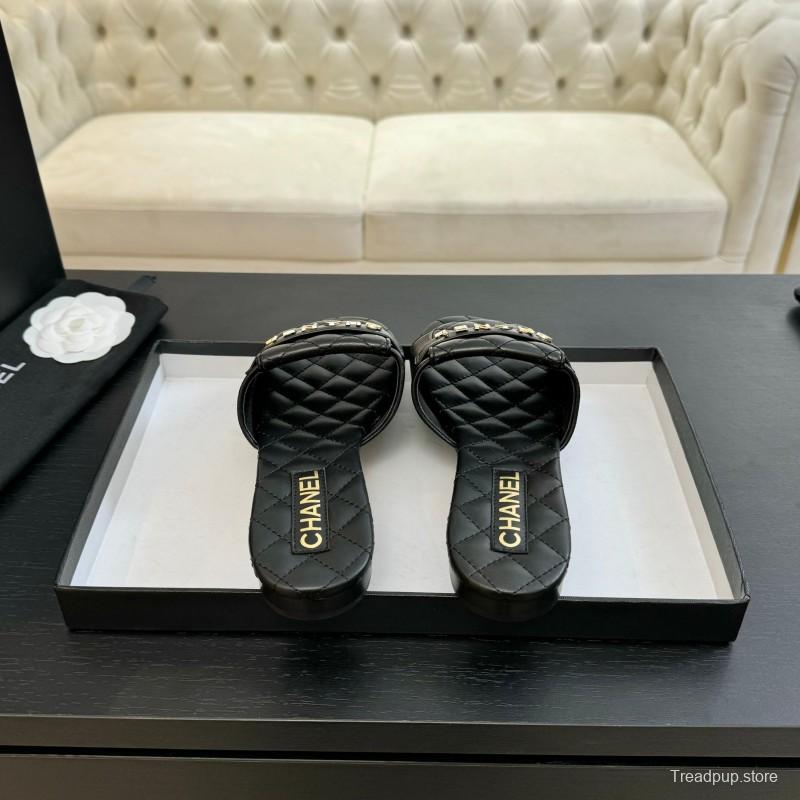 2025 Slippers Women Chanel Black Leather Slippers
