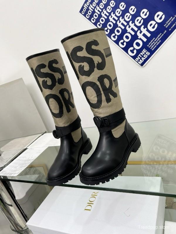 2024 Women Dior black beige leather canvas boots MJ00350