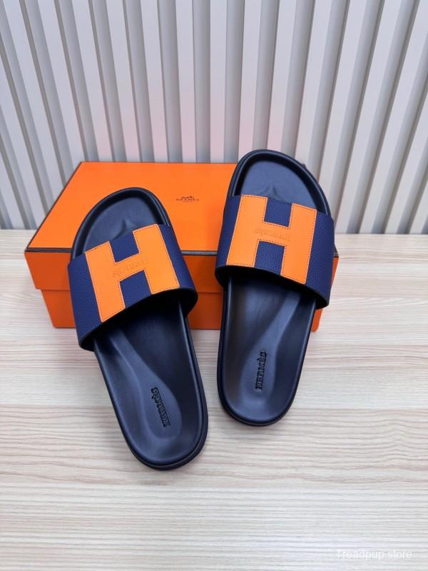 2025 Slippers Hermès Orange Navy Leather Slippers
