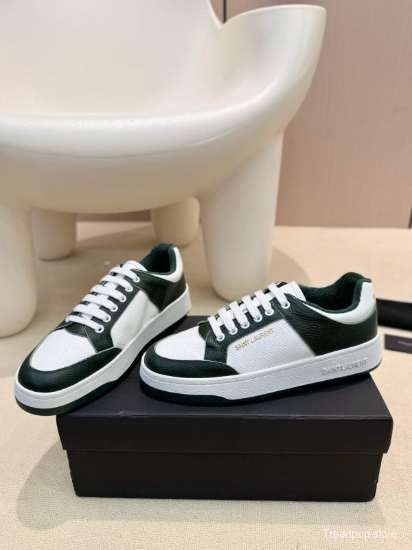 2024 Unisex Yves Saint Laurent White Dark Green Leather Silk Cowhide SL61 Casual Shoes Perforation MJ00350
