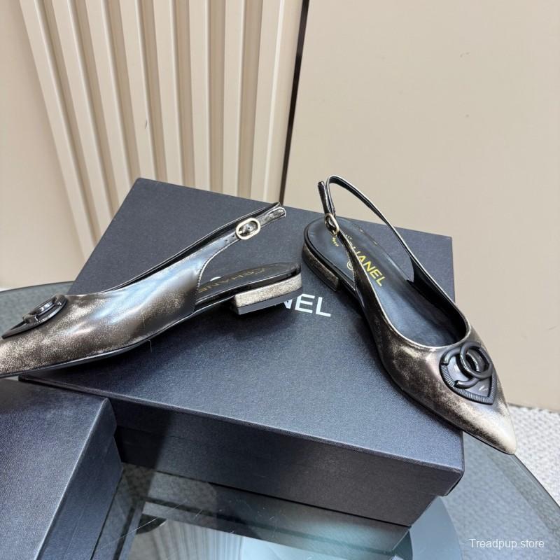 2025 Women Chanel Black Silver Satin Sandals KFY00290