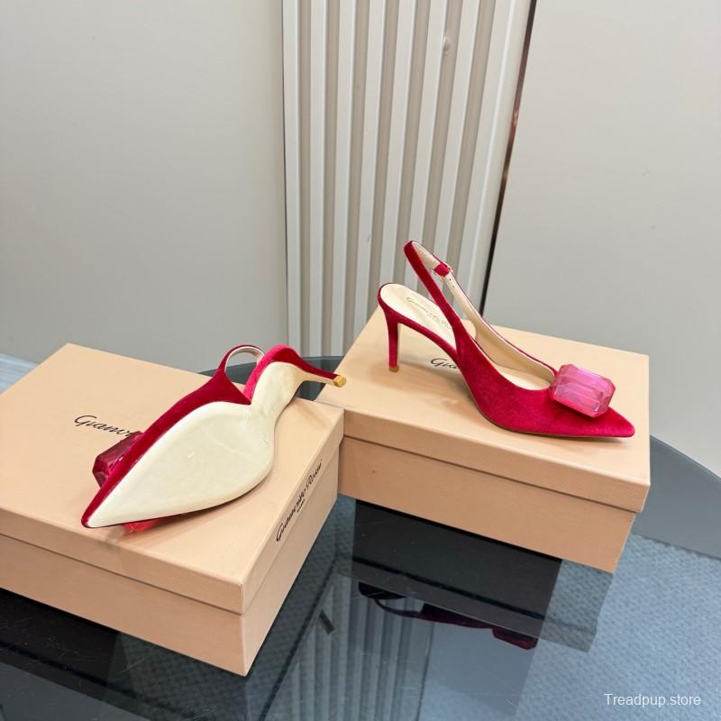 2025 Women Gianvito Rossi Red Velvet Slingback Pumps KFY00300