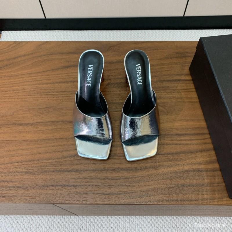 2025 Women VERSACE Silver Leather Slippers