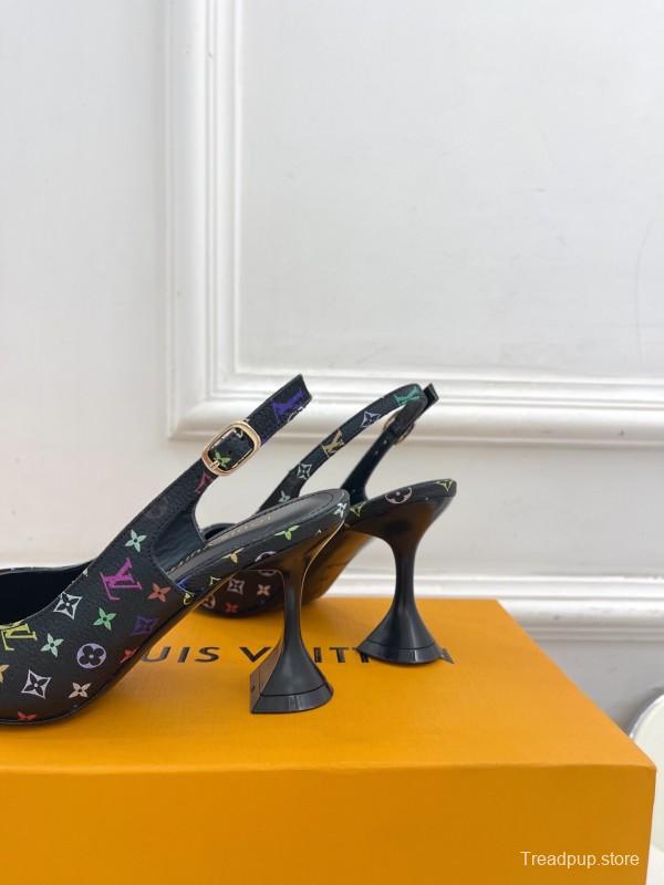 2025 Women Louis Vuitton Black Multicolor Leather Slingback Heels KFY00280