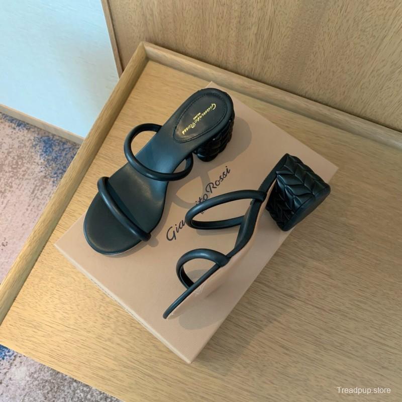 2025 Women Gianvito Rossi Black Leather Heeled Sandals