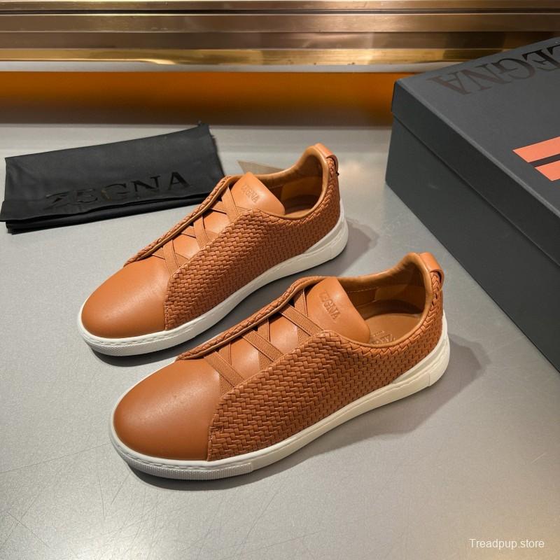 2024 Men Ermenegildo Zegna Brown Leather Woven Sneakers