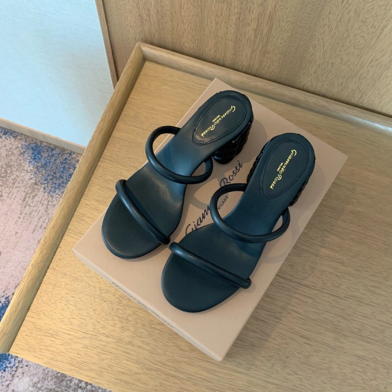 2025 Women Gianvito Rossi Black Leather Heeled Sandals