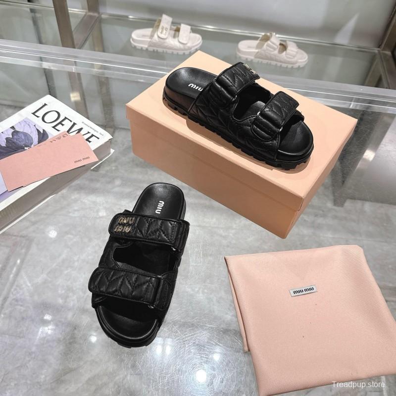 2025 Women Miu Miu Black Leather Slide Sandals