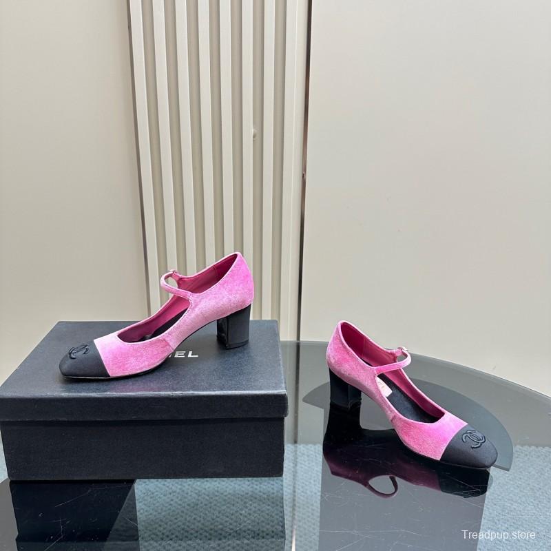 2025 Women Chanel Pink Black Velvet Mary Jane Shoes