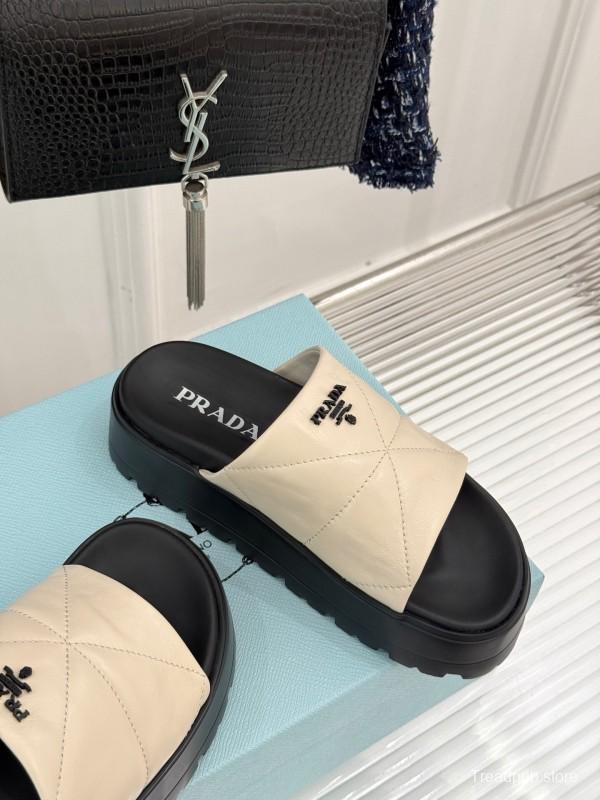 2025 Women Prada Beige Leather Platform Sandals