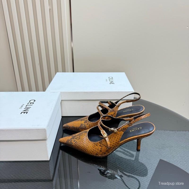 2025 Women Celine Brown Snake Leather Pointed Toe Slingback Heels