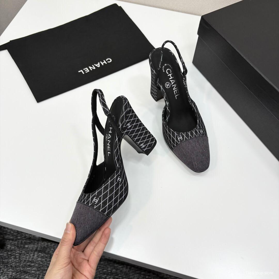 2025 Women Chanel Black Grey Fabric Slingback Heels LY00270
