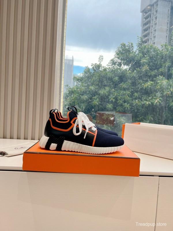 2024 Unisex Hermès navy orange knit leather sneakers