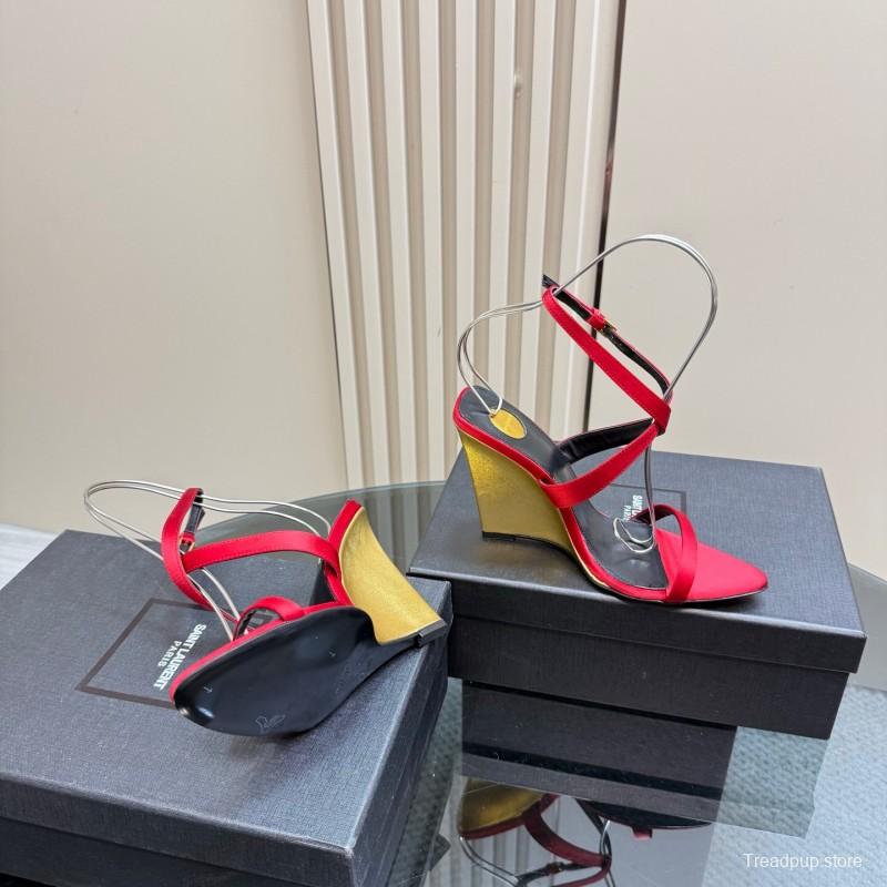 2025 Women Yves Saint Laurent Red Silk Wedge Sandals Elegant Craftsmanship LY00360(F)