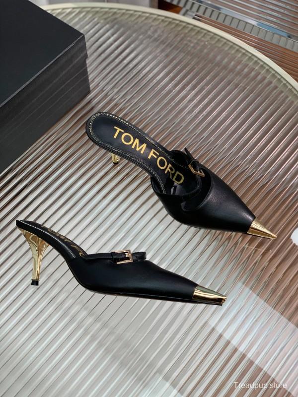2025 Women TOM FORD Black Gold Leather Heeled Mules KFY00300