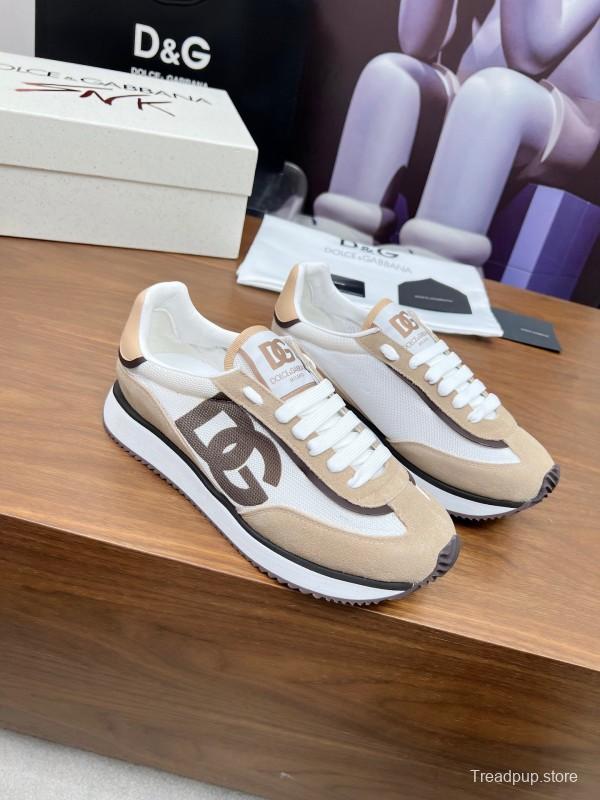 2025 Unisex Dolce & Gabbana White Beige Suede Mesh Sneakers LY00300