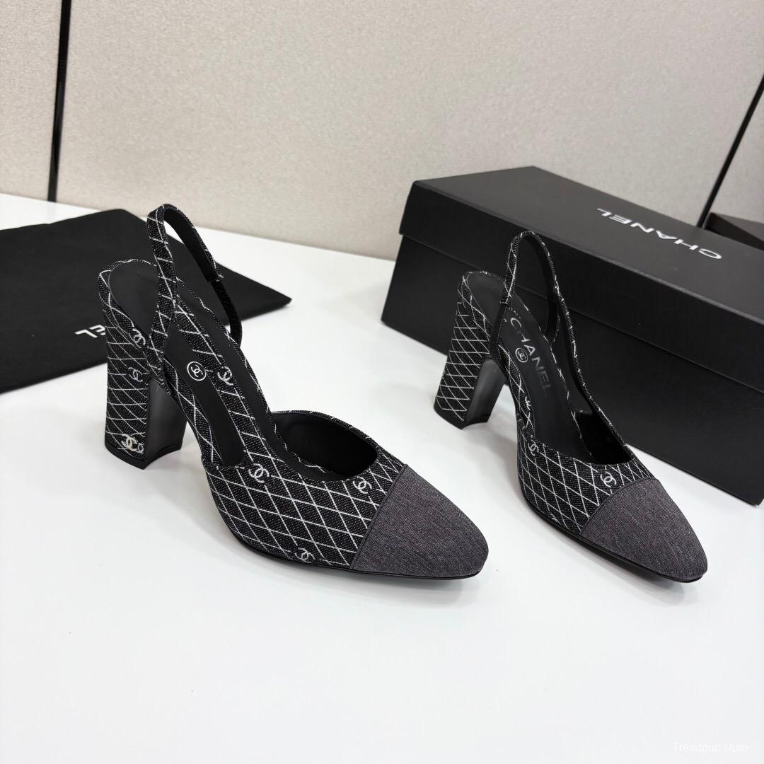 2025 Women Chanel Black Grey Fabric Slingback Heels LY00270