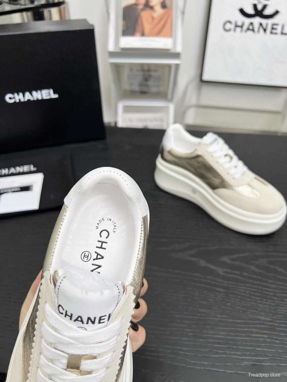 2025 Women Chanel Beige Gold Leather Suede Sneakers LY00290