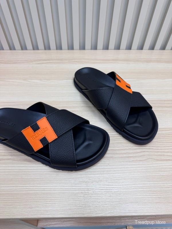 2025 Slippers Hermès Black Orange Leather Slippers