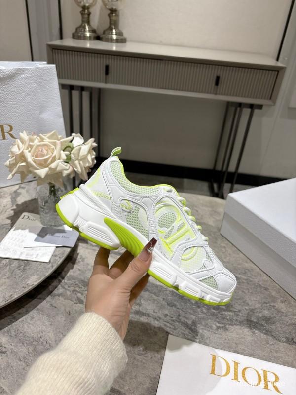 2025 Women Dior White Neon Yellow Mesh Leather Sneakers KFY00370