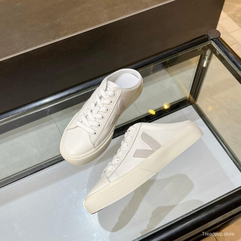 2025 Women VEJA White Canvas Leather Mule Sneakers MJ00240
