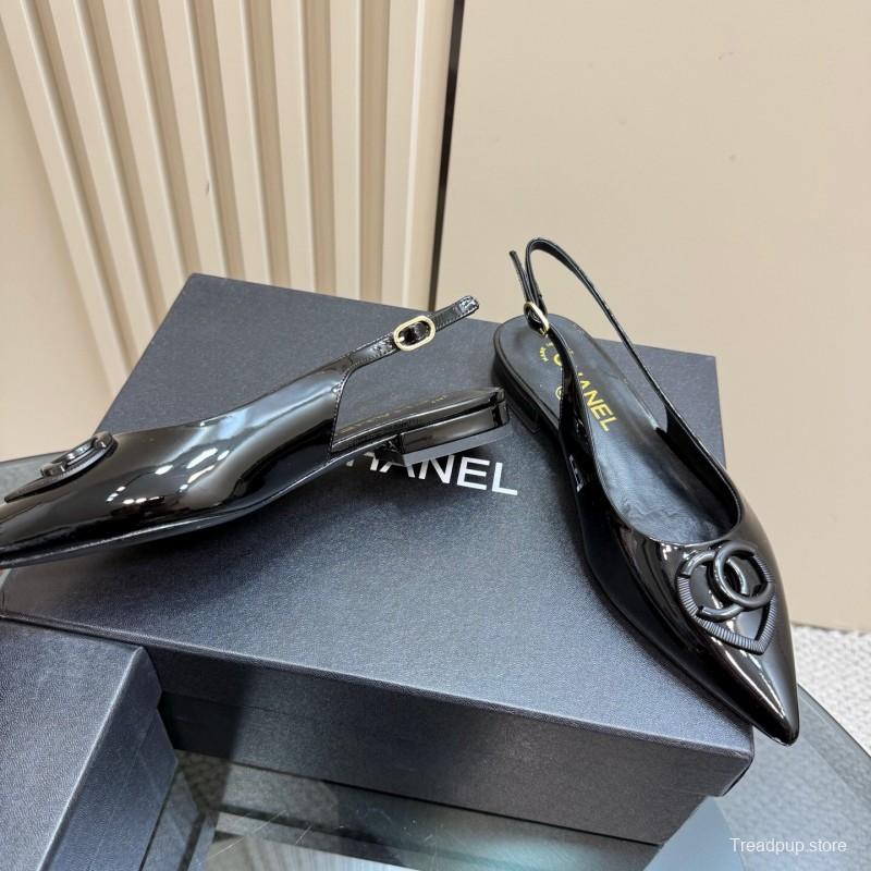 2025 Women Chanel Black Satin Leather Slingback Flats KFY00290