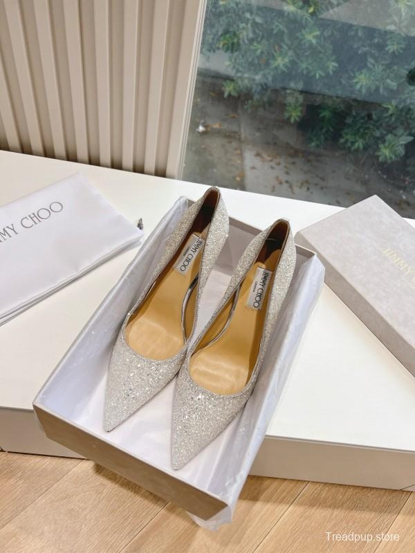 2025 Women Jimmy Choo Silver Glitter Leather Pointed Toe Pumps KFY00280