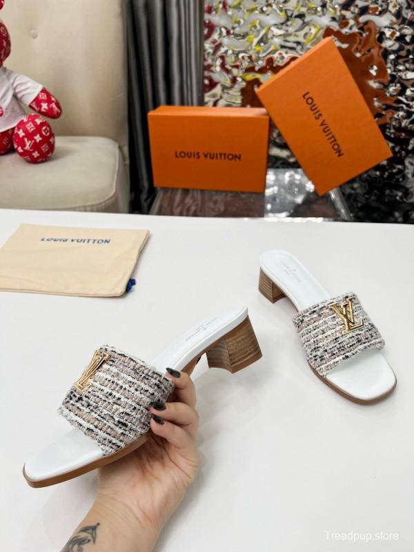 2025 Women Louis Vuitton White Brown Tweed Leather Sandals LY00220