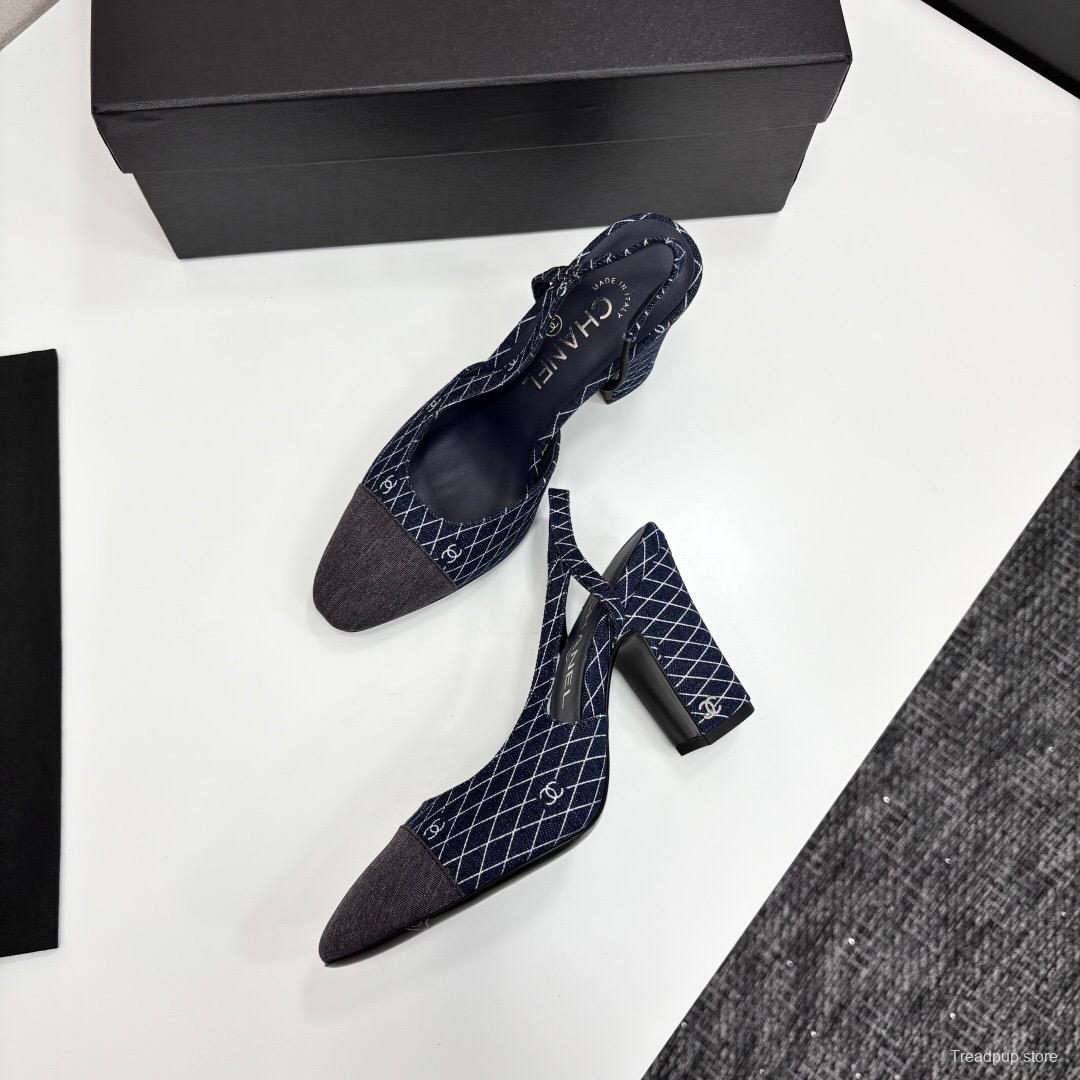 2025 Women Chanel Blue Denim Fabric Slingback Shoes