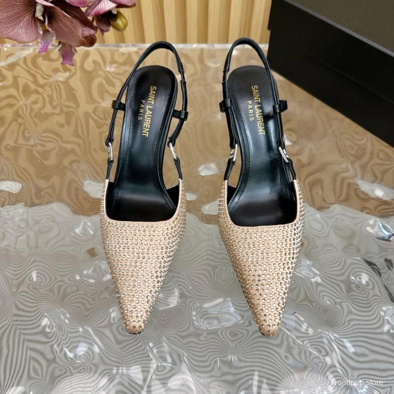 2024 Women Yves Saint Laurent Beige Rhinestone Silk Slingback Pumps MJ00320