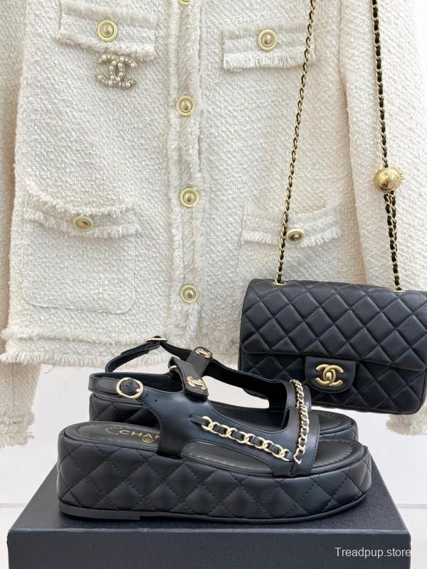 2025 Women Chanel Black Lambskin Platform Sandals Chain KFY00270