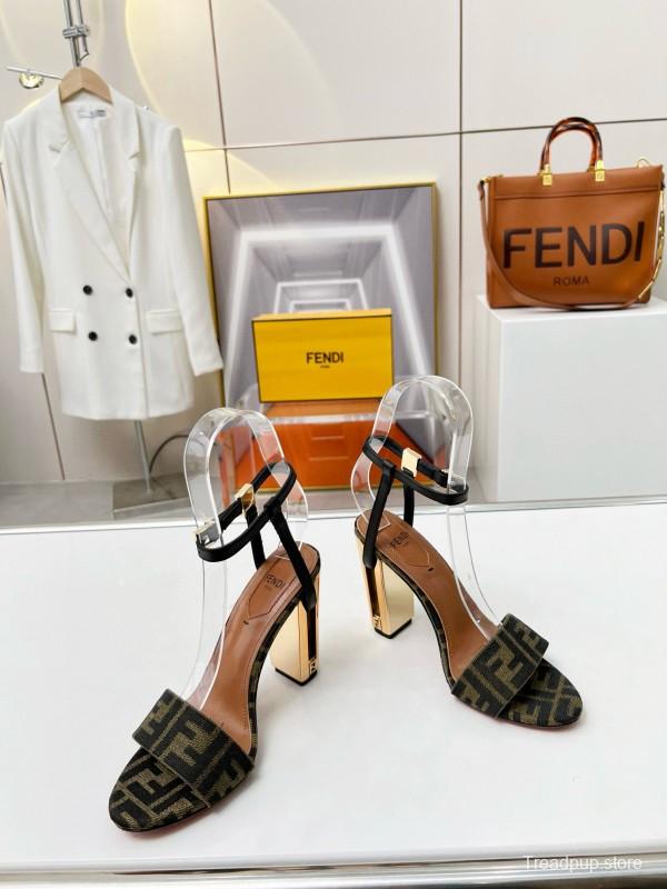 2025 Women Fendi Brown Black Leather Fabric High Heel Sandals