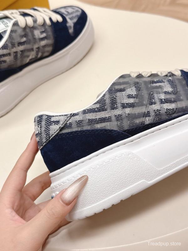 2025 Women Fendi Navy Grey Leather Canvas Sneakers LY00340