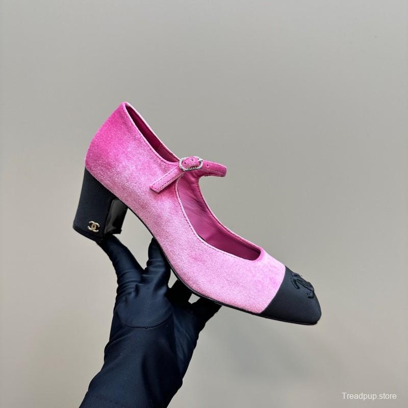 2025 Women Chanel Pink Black Velvet Mary Jane Shoes