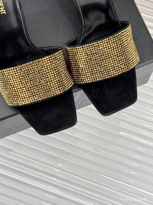 2025 Women Yves Saint Laurent Black Gold Leather High Heel Slip-On LY00300