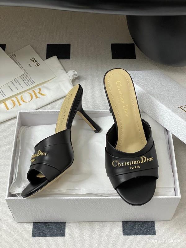 2025 Women Dior Black Leather High Heel Mules