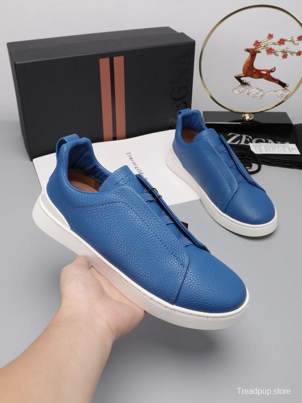 2024 Men Ermenegildo Zegna Blue Leather Low Top Sneakers MJ00240