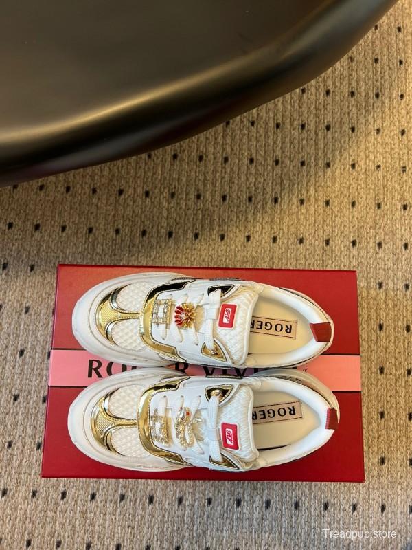 2025 Women Roger Vivier White Gold Leather Mesh Sneakers KFY00380
