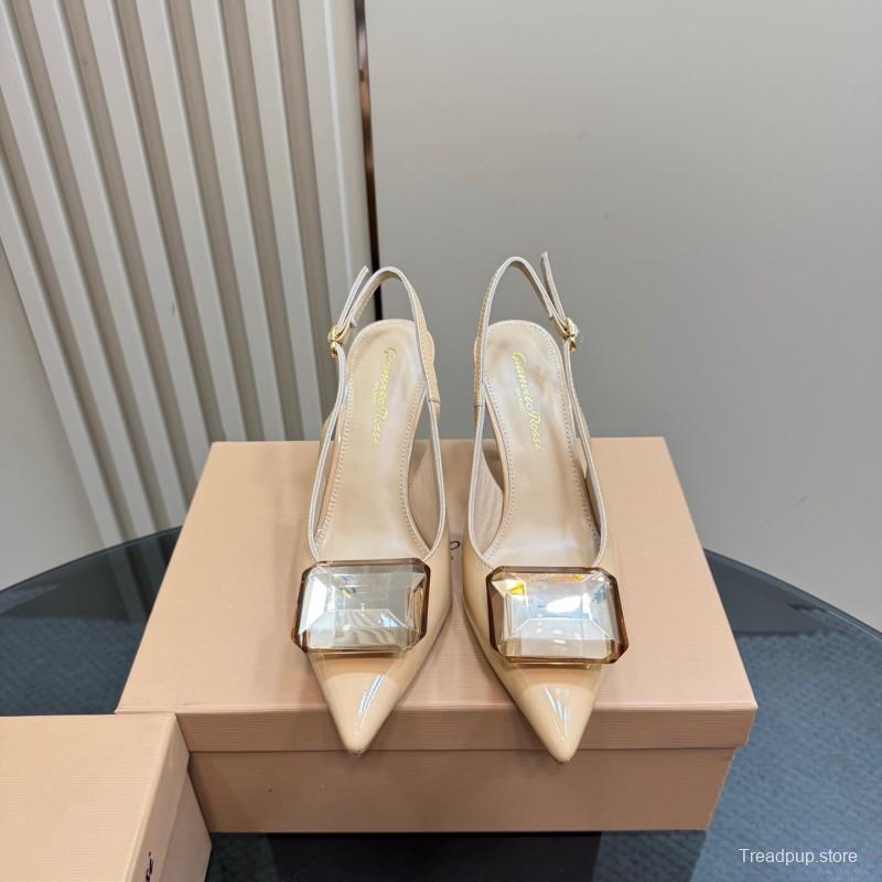 2025 Women Gianvito Rossi Beige Patent Leather Slingback High Heel Gemstone KFY00300