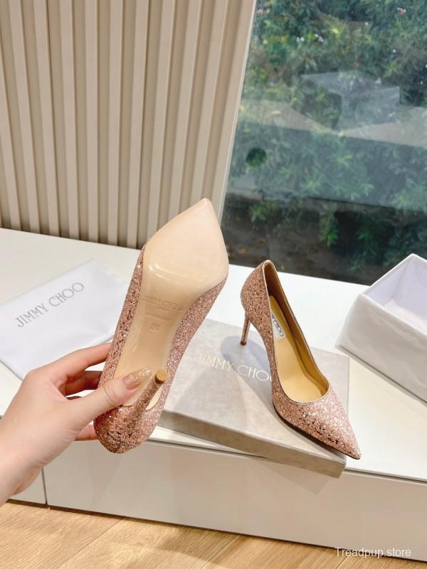 2025 Women Jimmy Choo Pink Glitter Leather Pointed Toe Pumps KFY00280