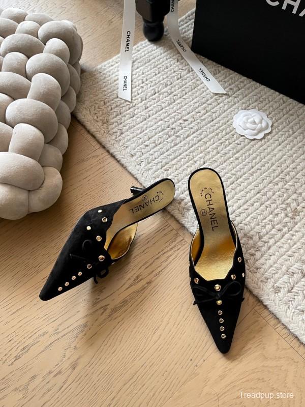 2025 Women Chanel Black Suede Pointed Toe Studded Mules