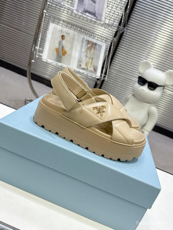 2025 Women Prada Beige Calfskin Sandals KFY00280
