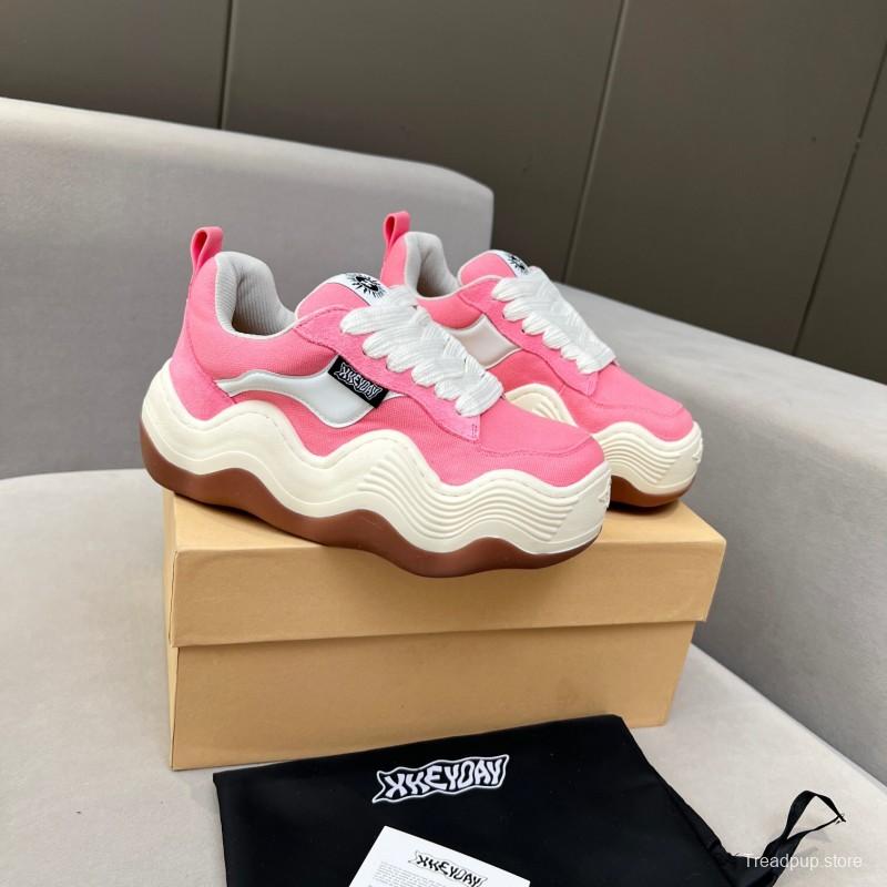 2025 Women HEYDAY Pink White Canvas Leather Wave Bread Sneakers KFY00260(F)