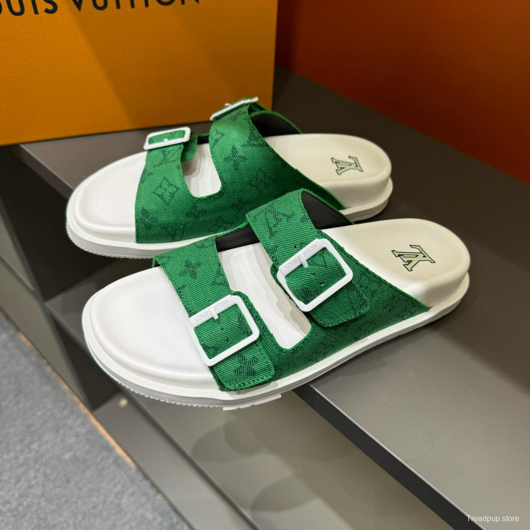 2024 Men Louis Vuitton Green Silk Leather Sandals MJ00210