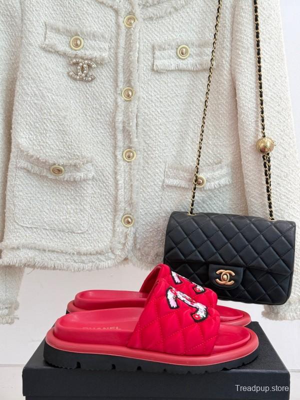 2025 Slippers Chanel Red Quilted Sequins Slide KFY00261