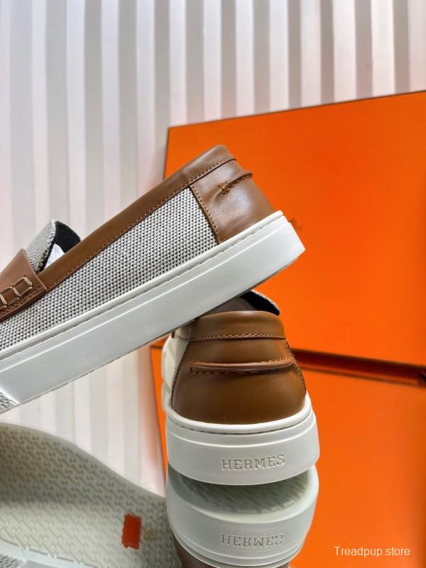 2025 Unisex Hermès White Brown Leather Fabric Loafers