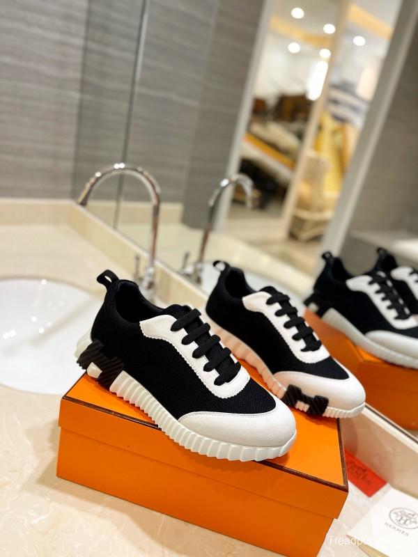 2024 Unisex Hermès Black White Knitted Leather Sneakers