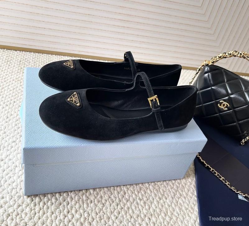 2025 Women Prada Black Suede Mary Jane Ballet Flat